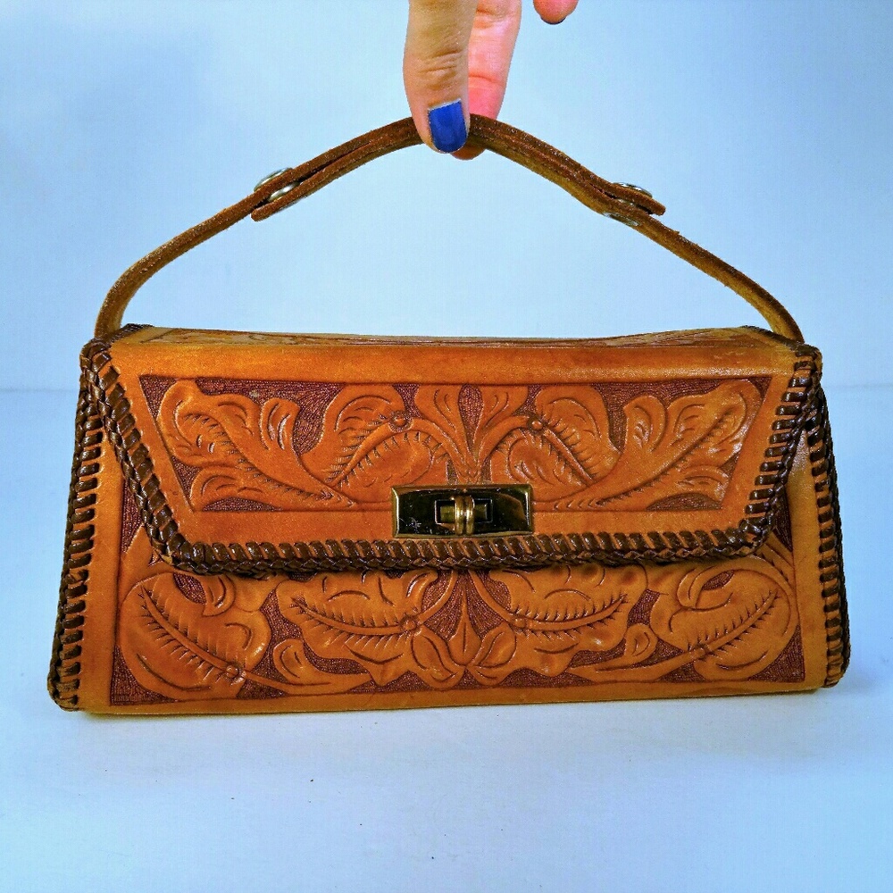 Tooled leather handbag purse or perfect cosmetic b